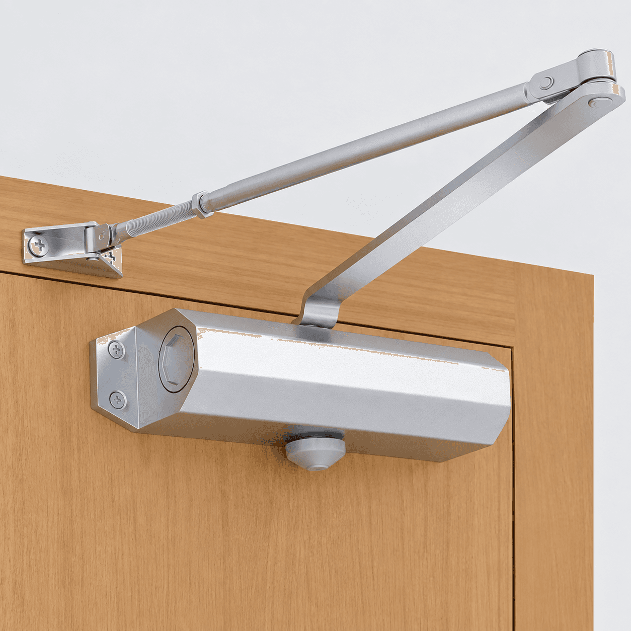 Illustrative diagram: door closer body mounted on the door leaf, arm bracket mounted on the door frame above